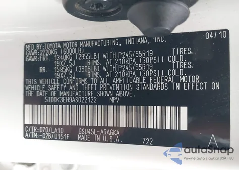 2010 Toyota Highlander Limited V6 from USA, damaged, VIN 5TDDK3EH9AS022122